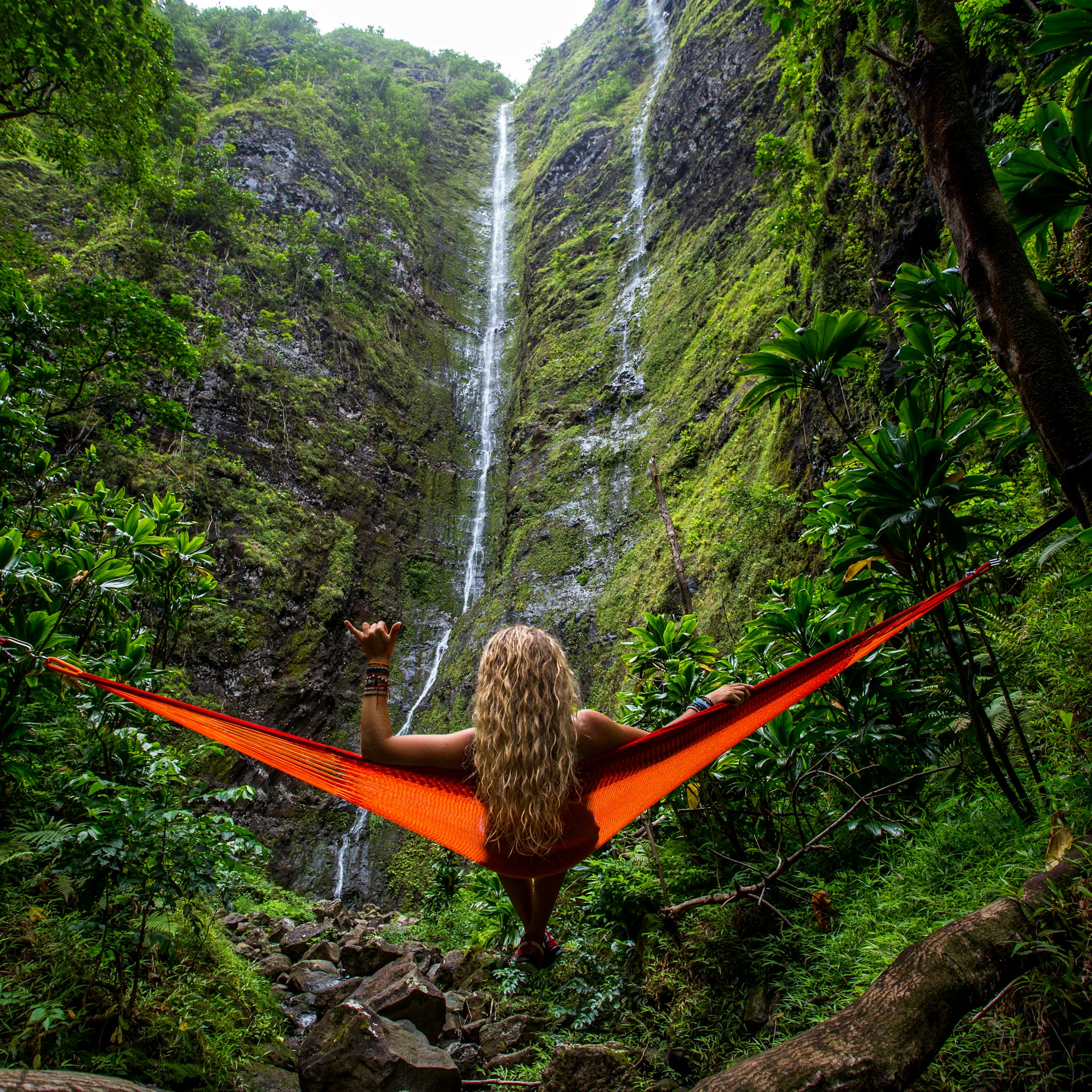 photo - a woman in a hammock in a tropical forest looking at a hawaiian waterfall on an oahu day tour