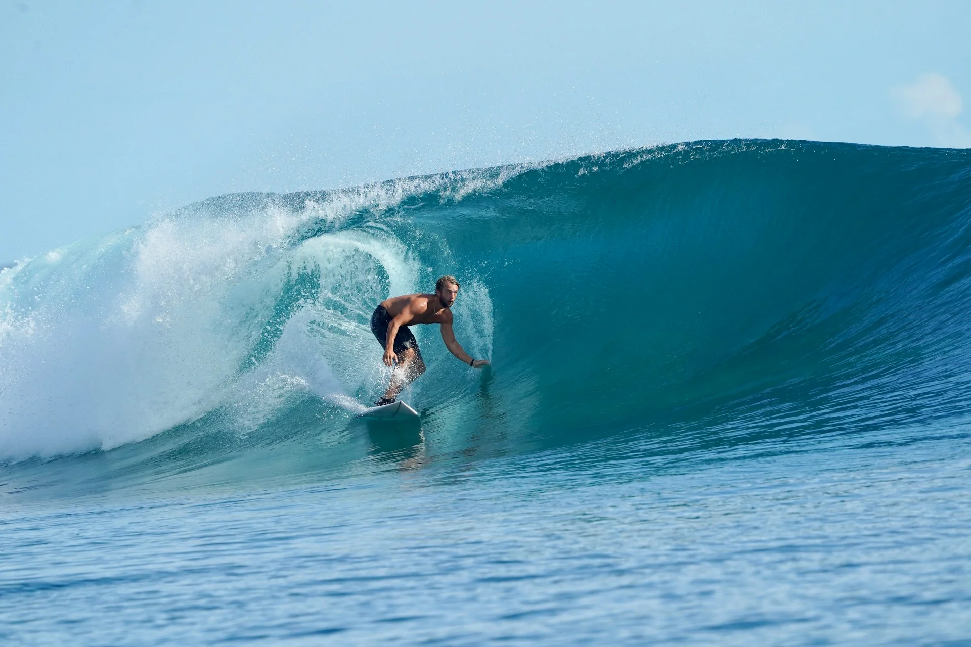 photo - a surfer about to be surfing in the barrel